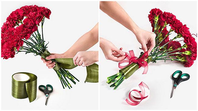 букет из гвоздик с лентой и бантиком