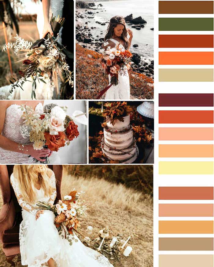 Цвет свадьбы лето-осень 2020-2021: золото, марсала, горчичный, охра, оливковый. Цветовая палитра бохо. Больше цветовых палитр в обзоре.