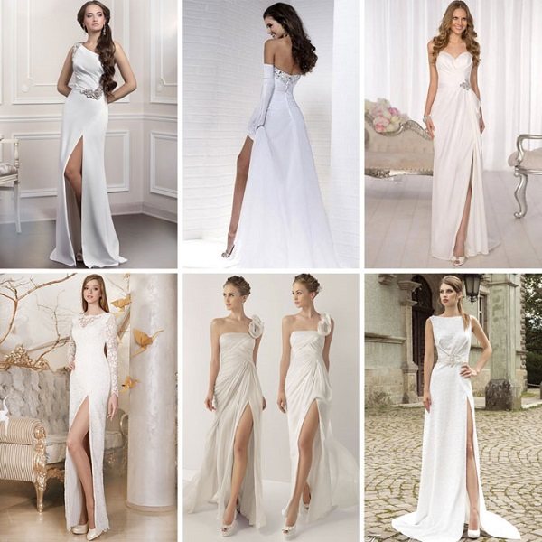 Фото длинного непышного свадебного платья в пол с разрезом вдоль ноги