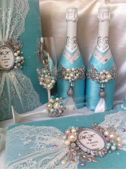 Как декорировать свадебное шампанское и бокалы своими руками