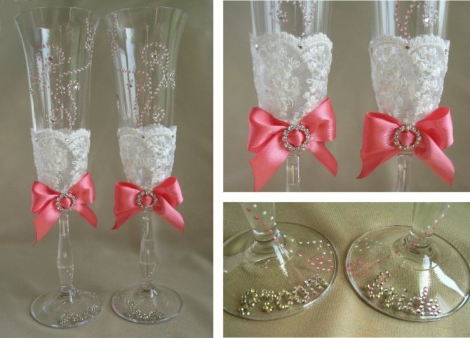 Как украсить свадебные бокалы и фужеры своими руками лентами?