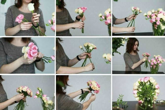 Круглая аранжировка свадебного букета в пастельных тонах