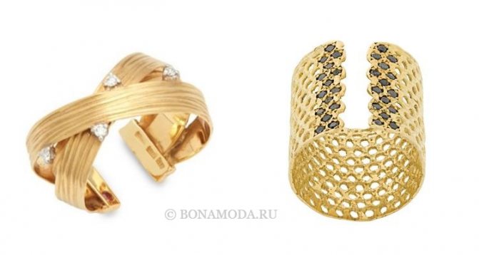 Модные женские кольца 2022 - разомкнутые кольца-каффы из желтого золота