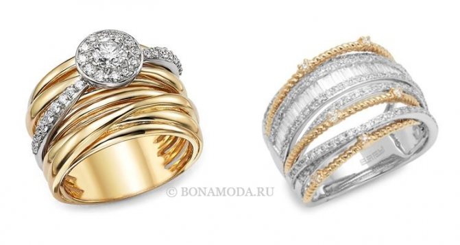 Модные женские кольца 2022 - широкие многорядные кольца из белого и жёлтого золота