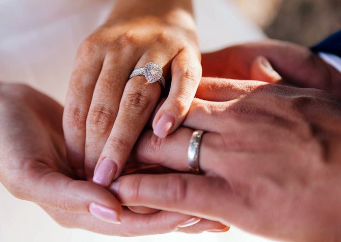 обручальные кольца на руках красивой пары