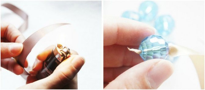 Обжигаем край ленты и нанизываем первую бусину