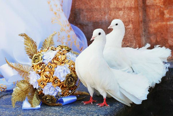 пара голубей и букет