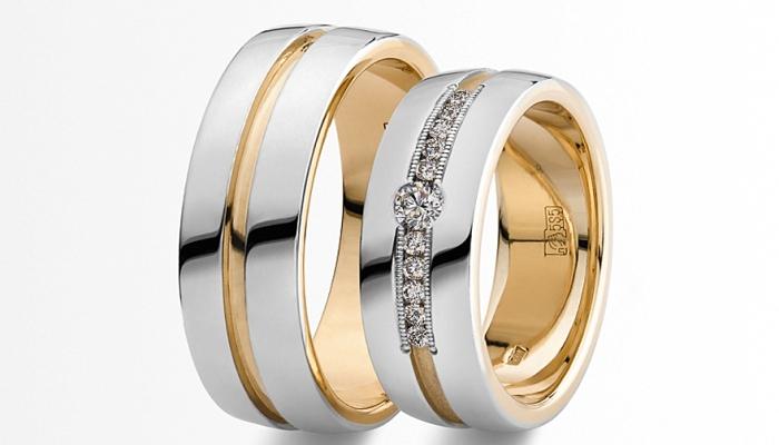 Парные кольца из белого и желтого золота с бриллиантовыми вставками