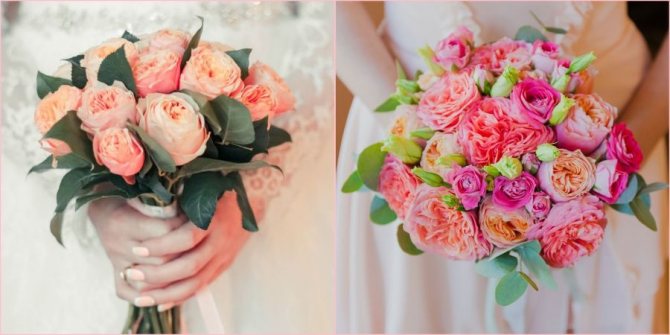 Пионовидные цветочки интересно выглядят в руках новобрачной
