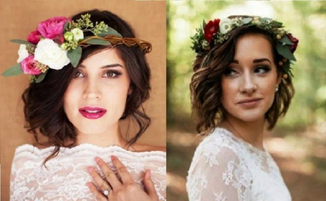 Прическа для невесты на каре с живыми цветами