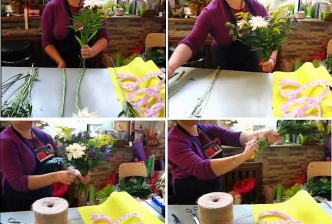 Сборка букета из хризантем, альстрёмерий и гербер