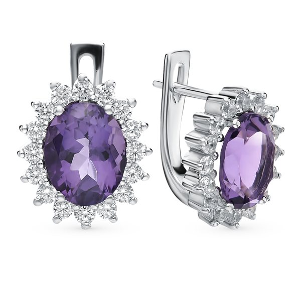 Серебряные серьги с аметистом и фианитами санлайт