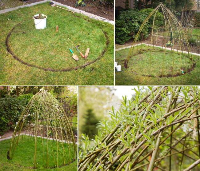 Шалаш из веток в саду