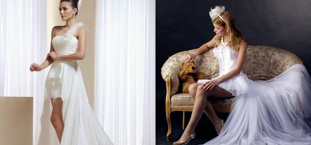 Шикарный шлейф у короткого свадебного платья