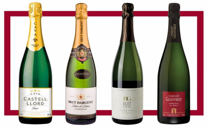 Слева направо: Cava Castell Llord; Brut Dargent Blanc de Blancs; Bott Geyl Crémant d’Alsace Extra Brut; Geoffroy Empreinte Brut Premier Cru