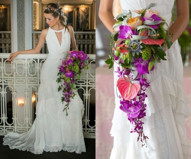Сочетание классического белого платья и сиреневого букета