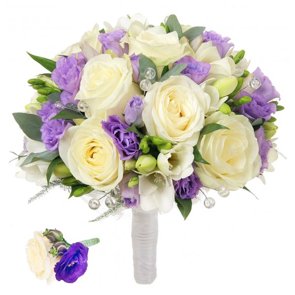 сочетание роз, эустомы и фрезий в букете невесты