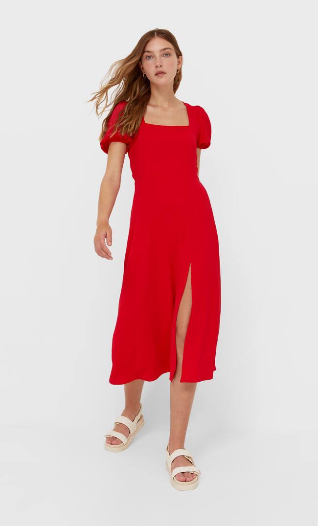 Stradivarius Платье Миди С Глубоким Вырезом На Спине Красный S