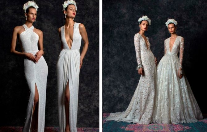 Свадебное платье с глубоким декольте и рыбьим хвостом, а также А-силуэтом.