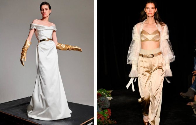 Свадебное платье с золотыми перчатками и брюками.