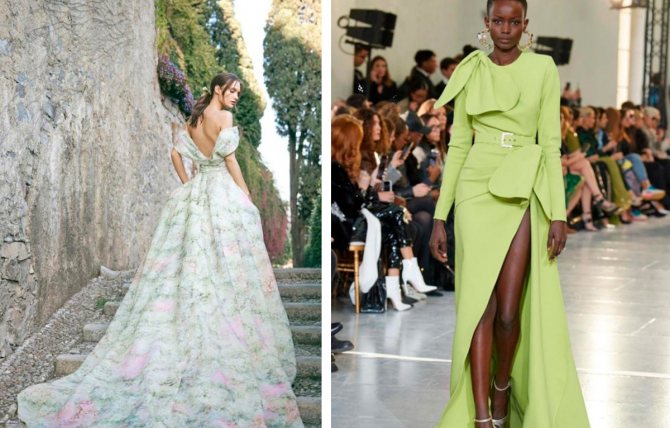 Свадебное платье в нежном зеленом цвете.