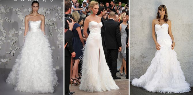 Свадебные платья из перьев с эффектными юбками