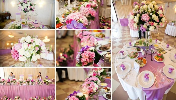 Украшение банкетного зала яркими разноцветными цветами