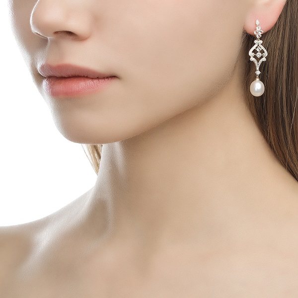 Золотые серьги с жемчугом и бриллиантами санлайт